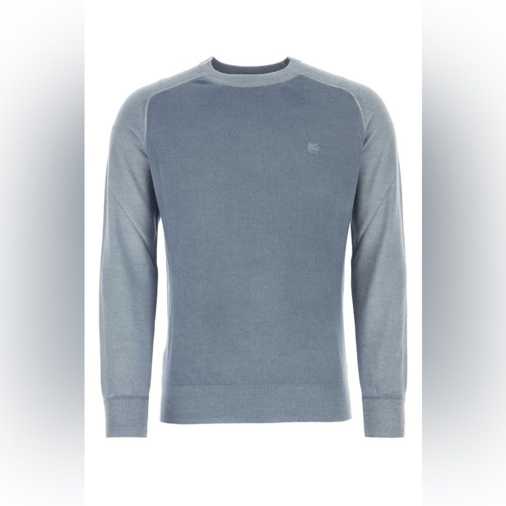 NWT $670 Etro Sweater virgin Wool Light Blue Multi Color Pegasus Logo Large L